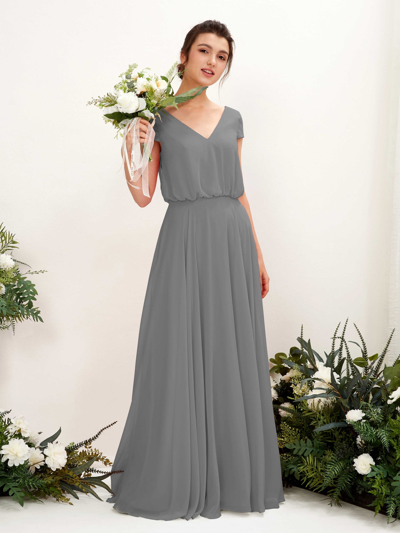Carlyna A-Linien-Kleid V-Ausschnitt Flügelärmel Bodenlanger Brautjungfernkleid Stahlgrau #farbe_stahlgrau