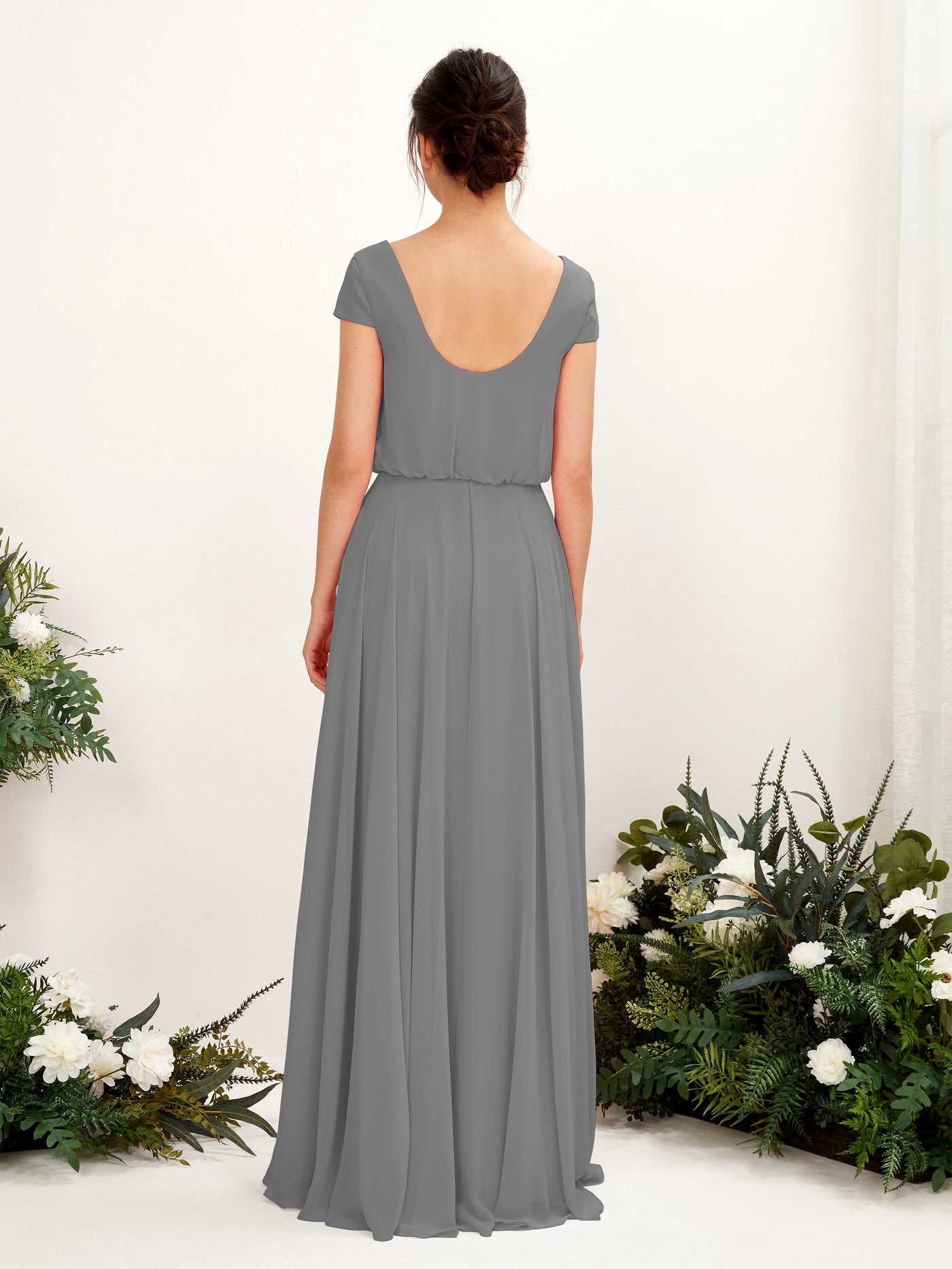 Carlyna A-Linien-Kleid V-Ausschnitt Flügelärmel Bodenlanger Brautjungfernkleid Stahlgrau #farbe_stahlgrau