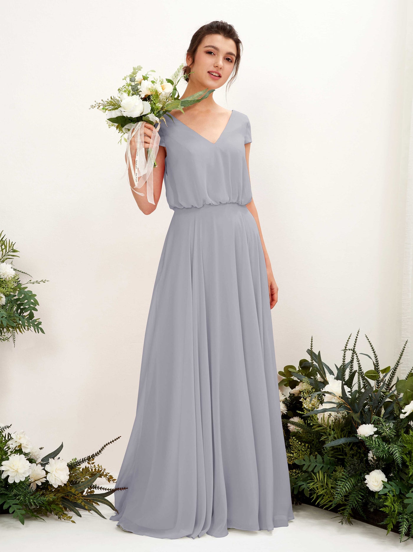 Carlyna A-Linien-Kleid V-Ausschnitt Flügelärmel Bodenlanger Brautjungfernkleid Staubiger Lavendel #farbe_staubiger-lavendel