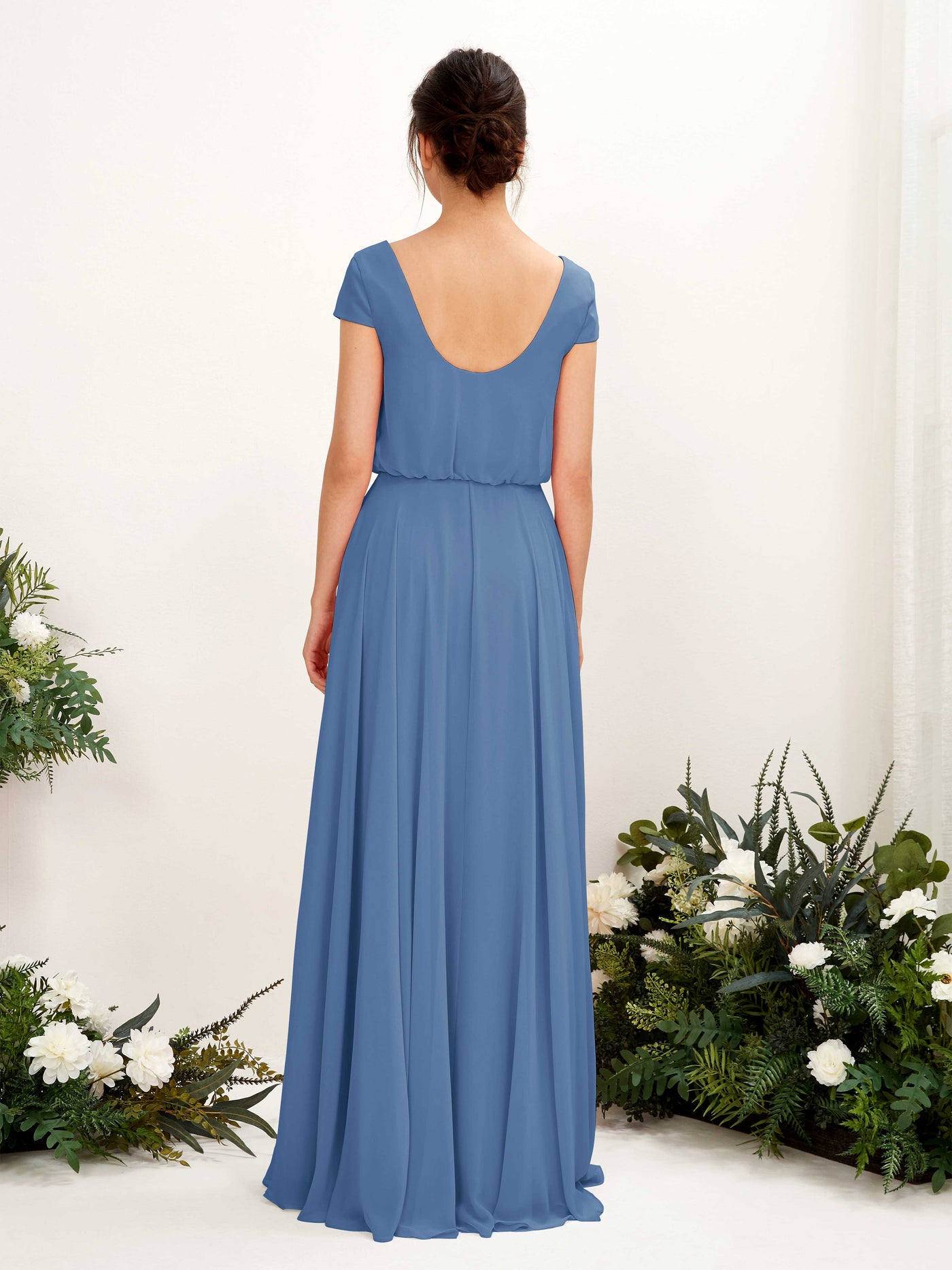 Carlyna A-Linien-Kleid V-Ausschnitt Flügelärmel Bodenlanger Brautjungfernkleid Staubiges Blau #farbe_staubiges-blau
