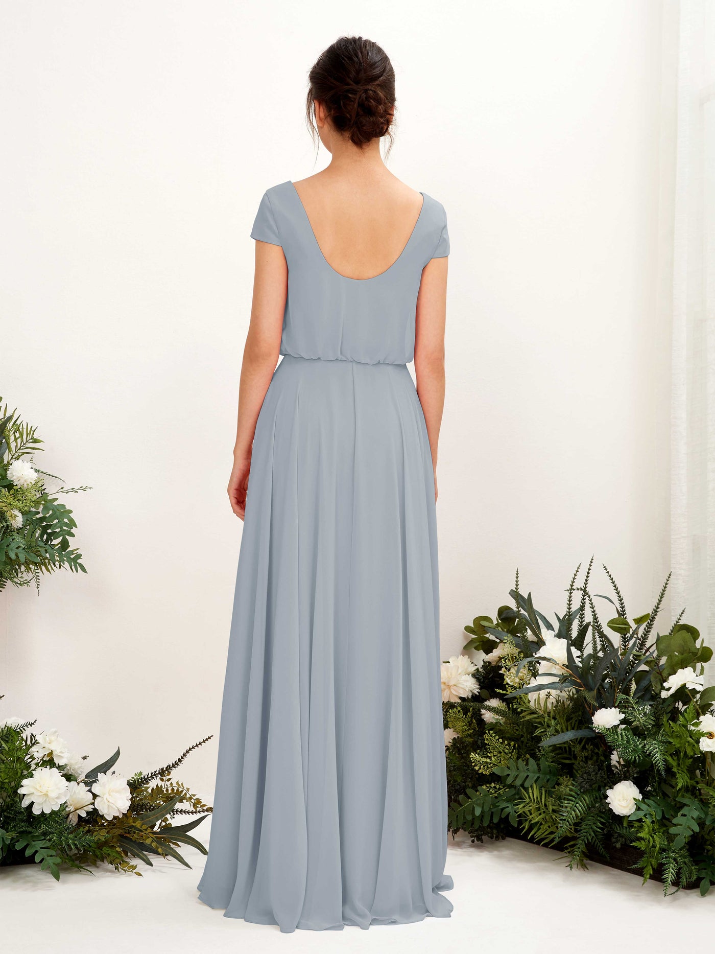 Carlyna A-Linien-Kleid V-Ausschnitt Flügelärmel Bodenlanger Brautjungfernkleid Staubiges Blau-Upgrade #farbe_staubiges-blau-upgrade