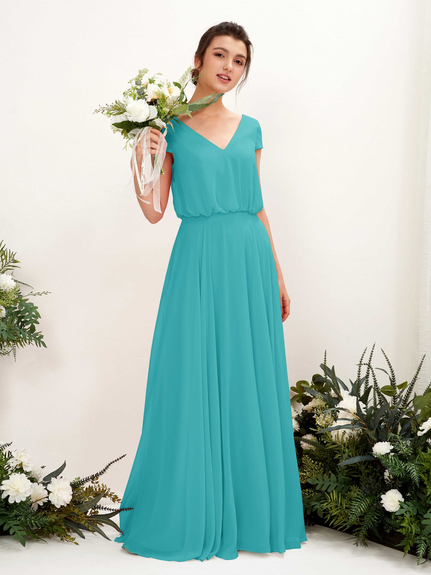 Carlyna A-Linien-Kleid V-Ausschnitt Flügelärmel Bodenlanger Brautjungfernkleid Türkis #farbe_t-rkis