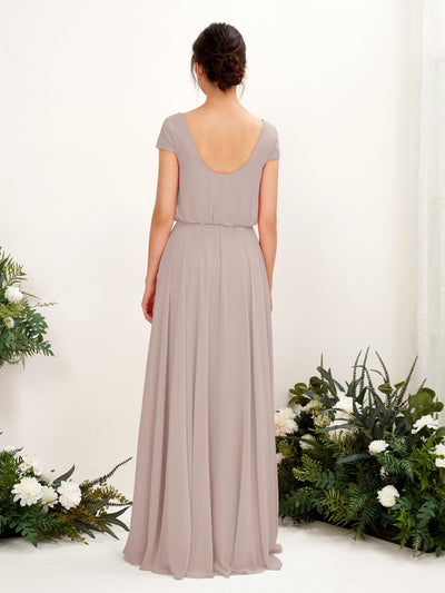 Carlyna A-Linien-Kleid V-Ausschnitt Flügelärmel Bodenlanger Brautjungfernkleid Taupe #farbe_taupe