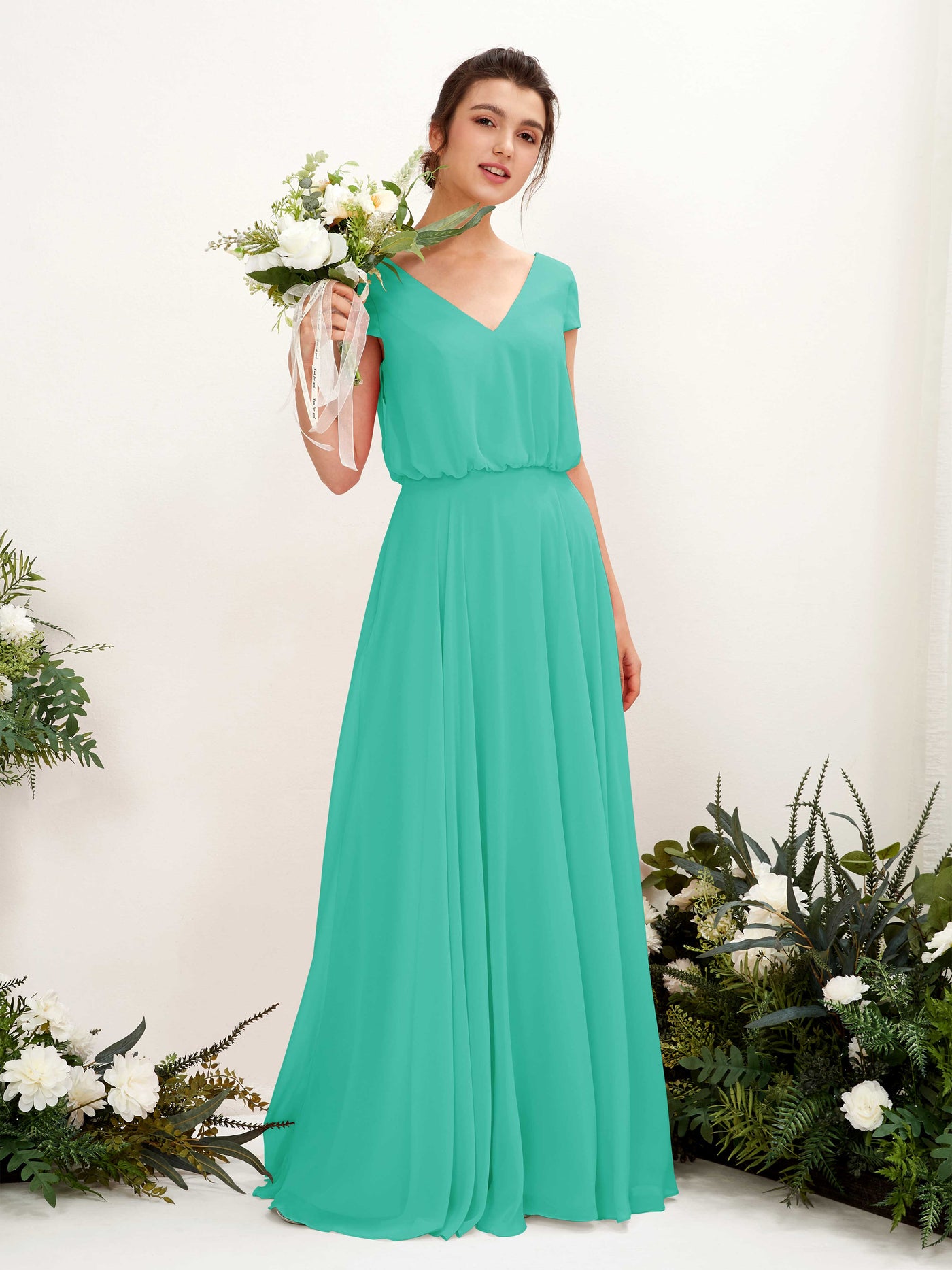 Carlyna A-Linien-Kleid V-Ausschnitt Flügelärmel Bodenlanger Brautjungfernkleid Tiffany-Blau #farbe_tiffany-blau