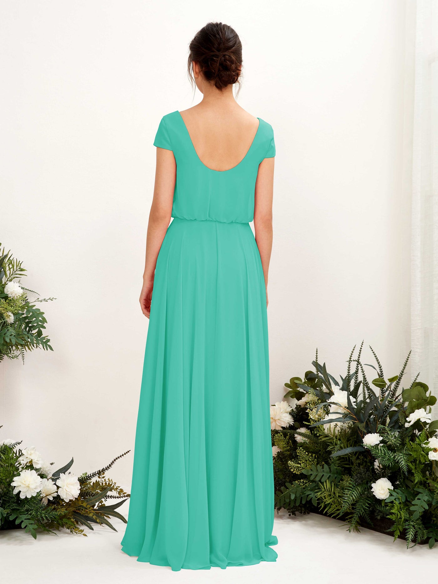 Carlyna A-Linien-Kleid V-Ausschnitt Flügelärmel Bodenlanger Brautjungfernkleid Tiffany-Blau #farbe_tiffany-blau