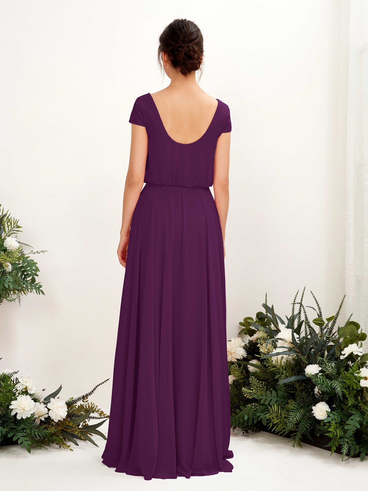 Carlyna A-Linien-Kleid V-Ausschnitt Flügelärmel Bodenlanger Brautjungfernkleid Traube #farbe_traube