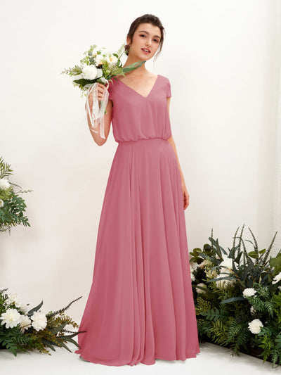Carlyna A-Linien-Kleid V-Ausschnitt Flügelärmel Bodenlanger Brautjungfernkleid Wüstenrose #farbe_w-stenrose