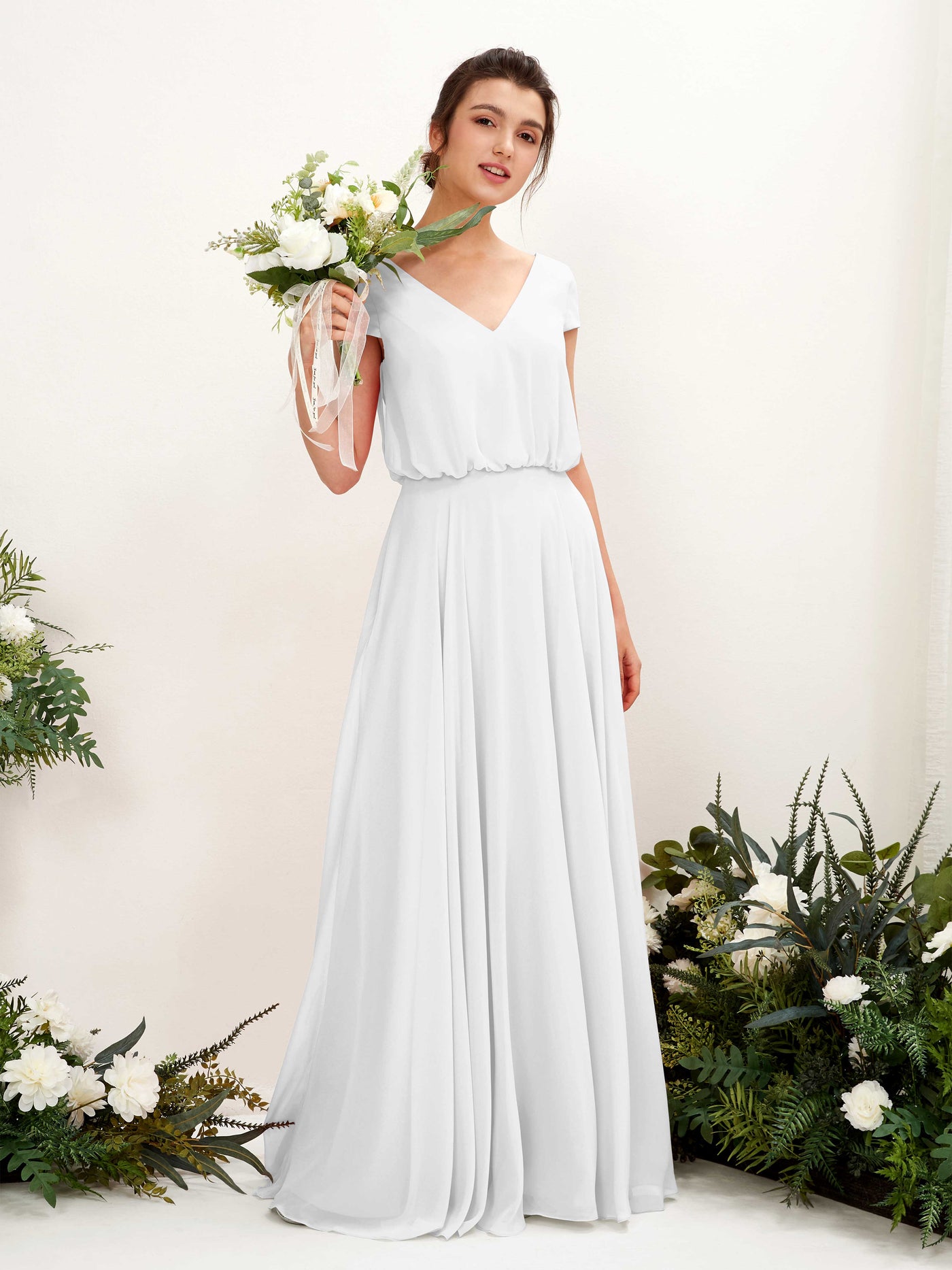 Carlyna A-Linien-Kleid V-Ausschnitt Flügelärmel Bodenlanger Brautjungfernkleid Weiß #farbe_wei