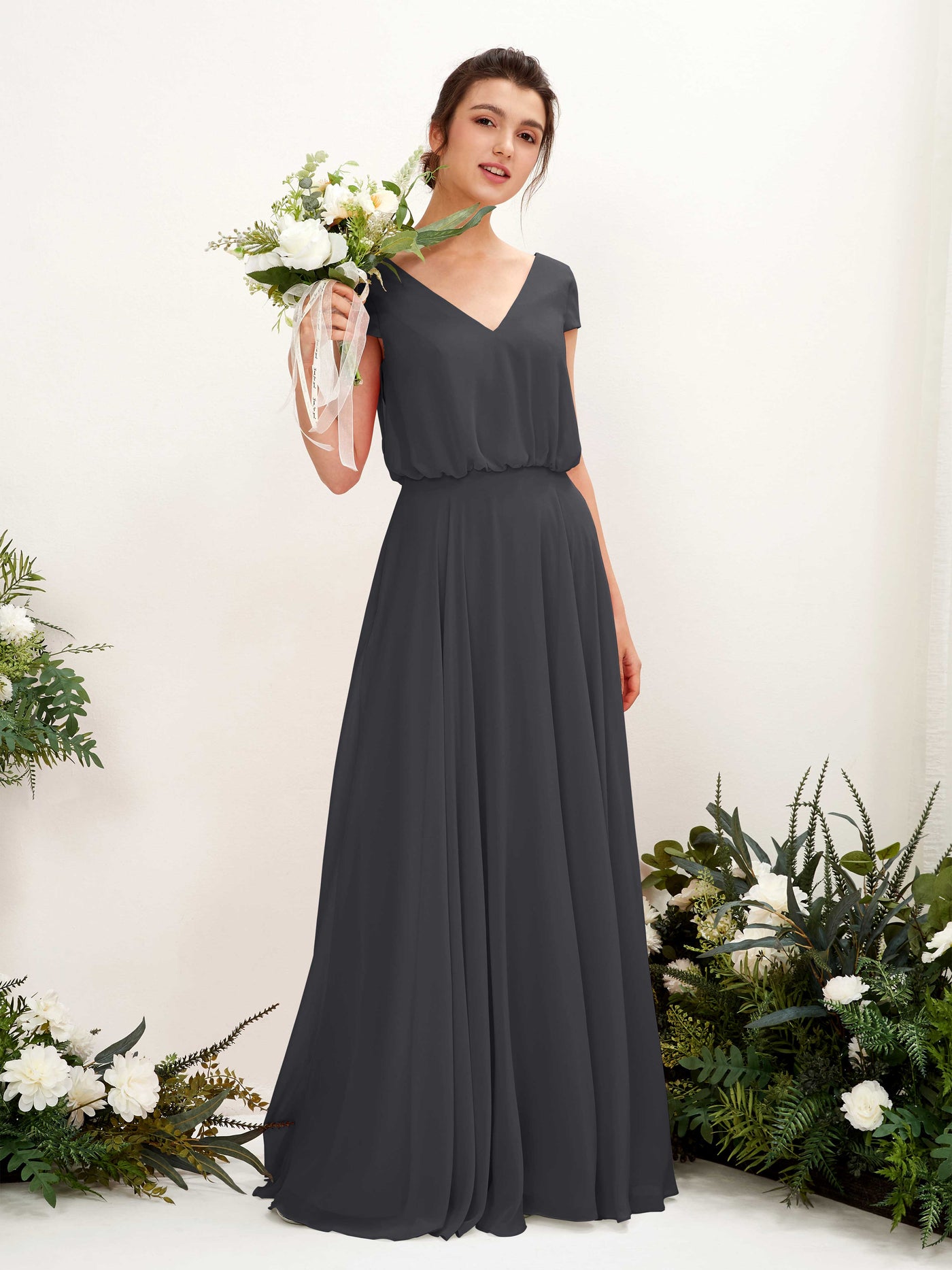 Carlyna A-Linien-Kleid V-Ausschnitt Flügelärmel Bodenlanger Brautjungfernkleid Zinnfarben #farbe_zinnfarben
