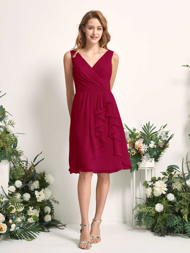 Carlyna A-Linien-Kleid V-Ausschnitt Knielang Chiffon Brautjungfernkleid Narrenrot 