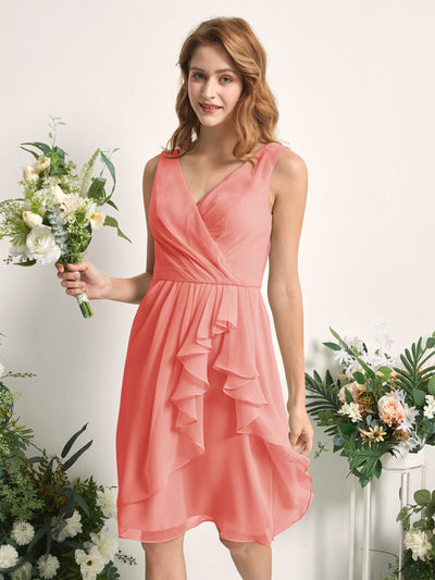 Carlyna A-Linien-Kleid V-Ausschnitt Knielang Chiffon Brautjungfernkleid Pfirsichrosa #farbe_pfirsichrosa