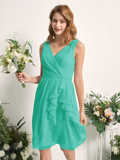 Carlyna A-Linien-Kleid V-Ausschnitt Knielang Chiffon Brautjungfernkleid Tiffany-Blau #farbe_tiffany-blau