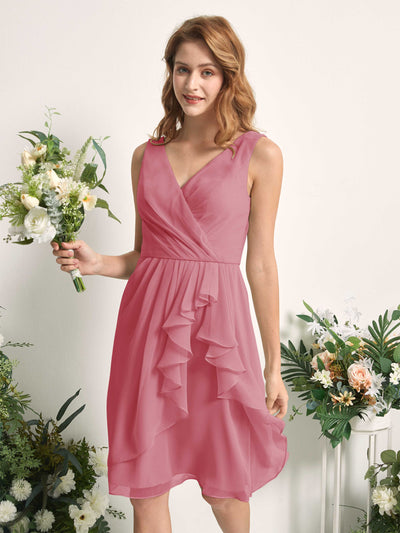 Carlyna A-Linien-Kleid V-Ausschnitt Knielang Chiffon Brautjungfernkleid Wüstenrose #farbe_w-stenrose