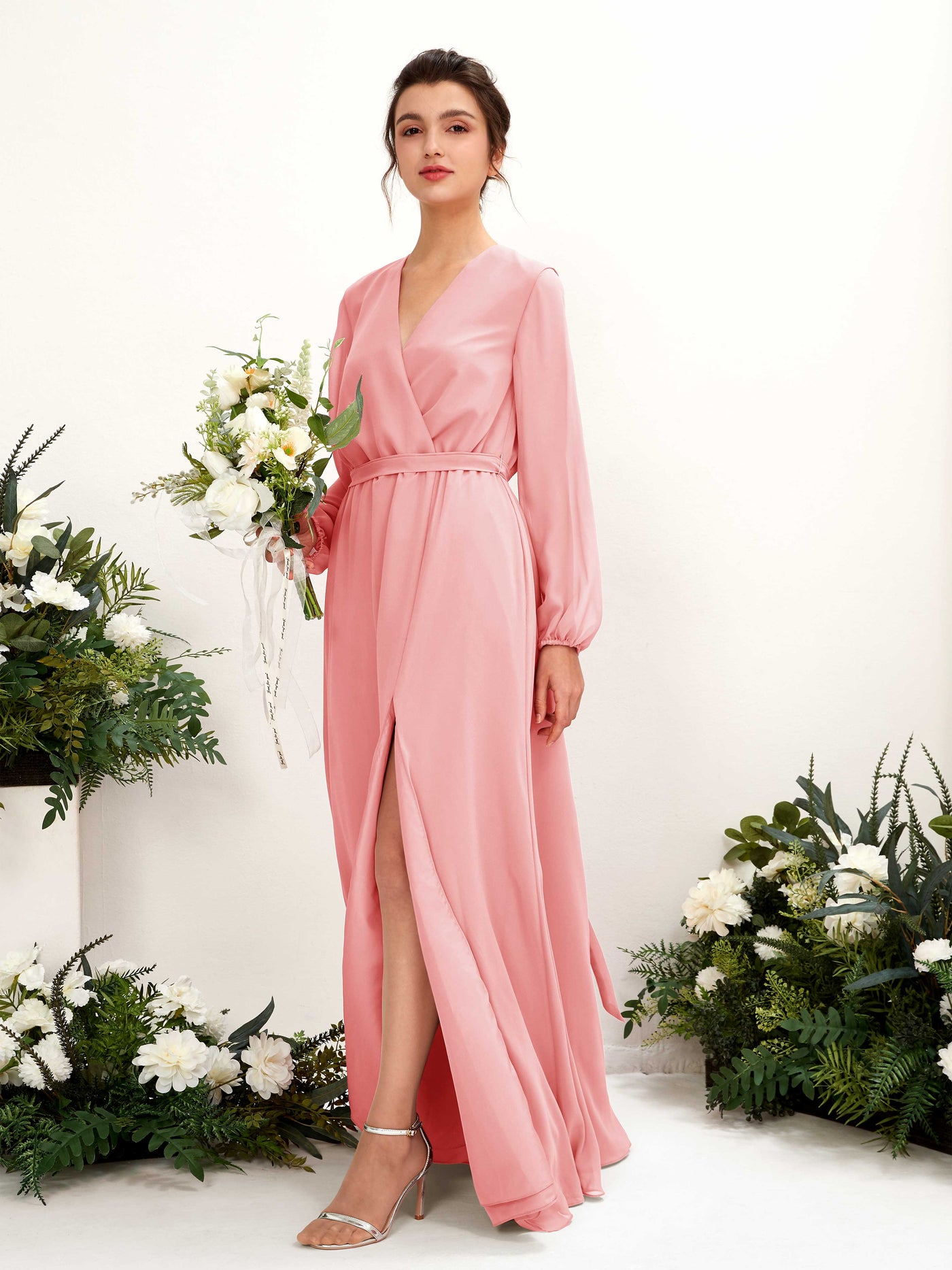 Carlyna A-Linien-Kleid V-Ausschnitt Langarm Bodenlang Brautjungfernkleid Ballettrosa #farbe_ballettrosa