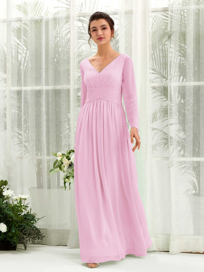 Carlyna A-Linien-Kleid V-Ausschnitt Langarm bodenlang Brautjungfernkleid Bonbonrosa #farbe_bonbonrosa