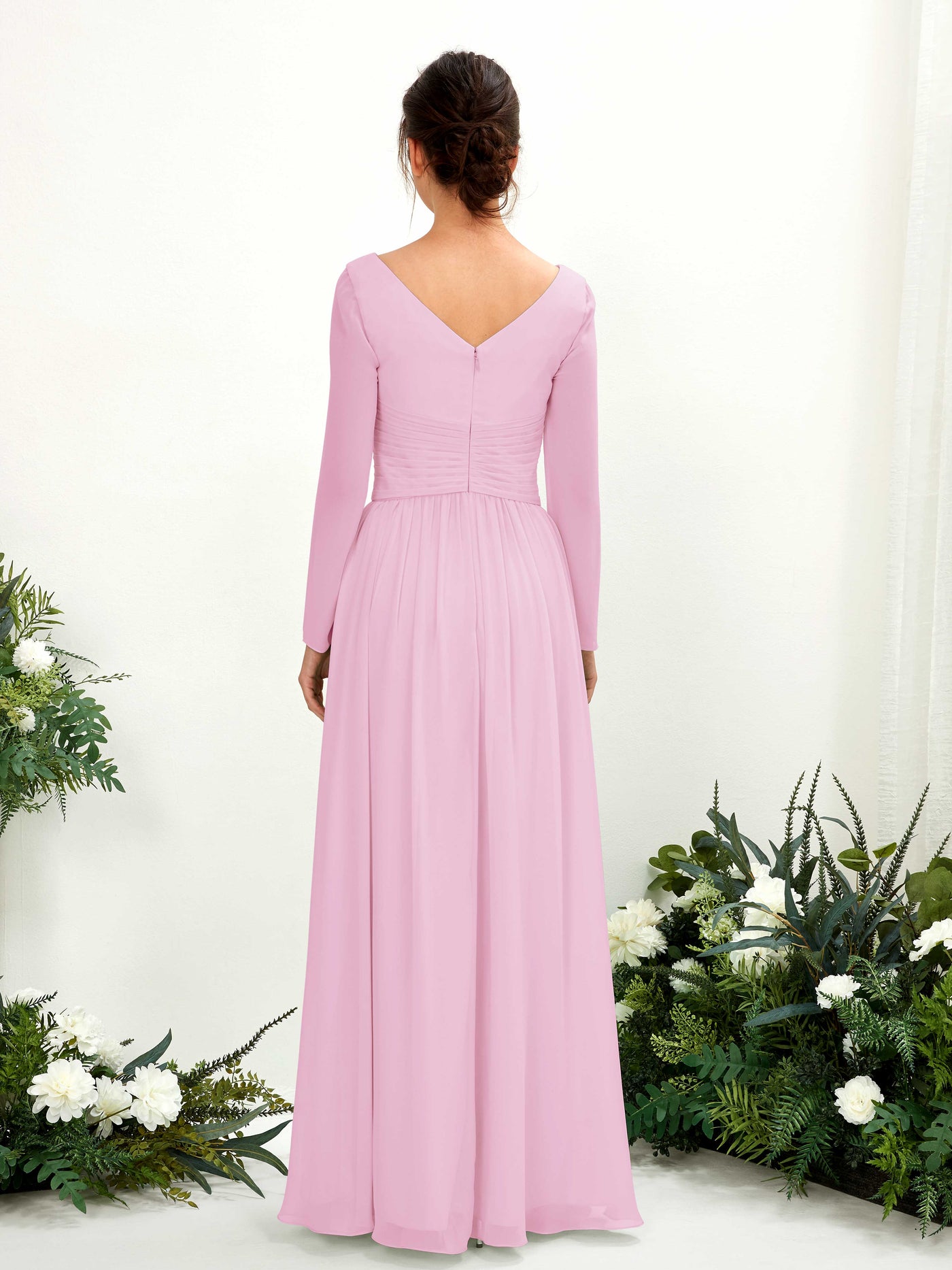 Carlyna A-Linien-Kleid V-Ausschnitt Langarm bodenlang Brautjungfernkleid Bonbonrosa #farbe_bonbonrosa