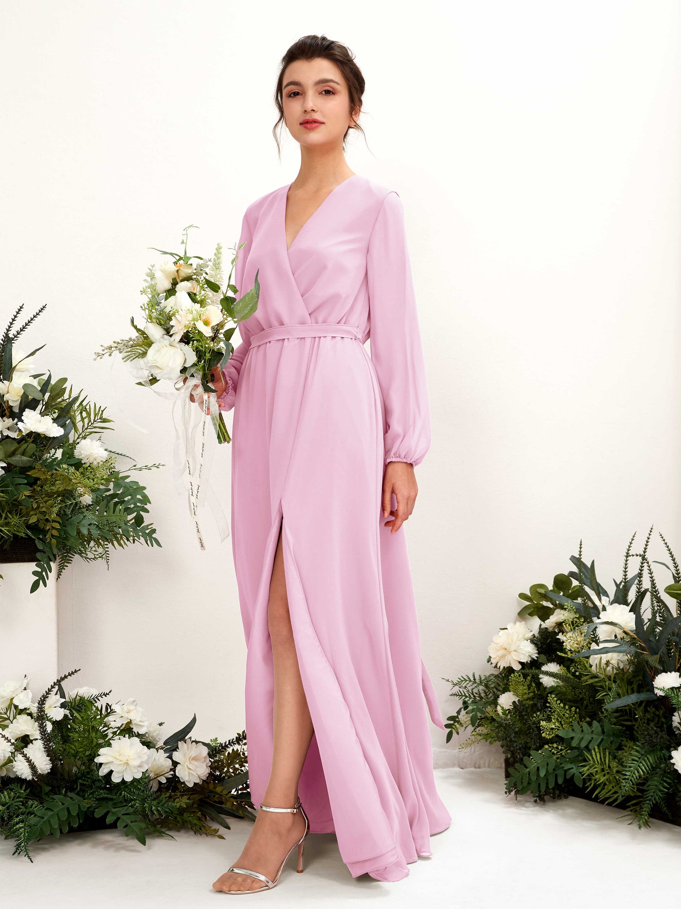 Carlyna A-Linien-Kleid V-Ausschnitt Langarm Bodenlang Brautjungfernkleid Bonbonrosa #farbe_bonbonrosa
