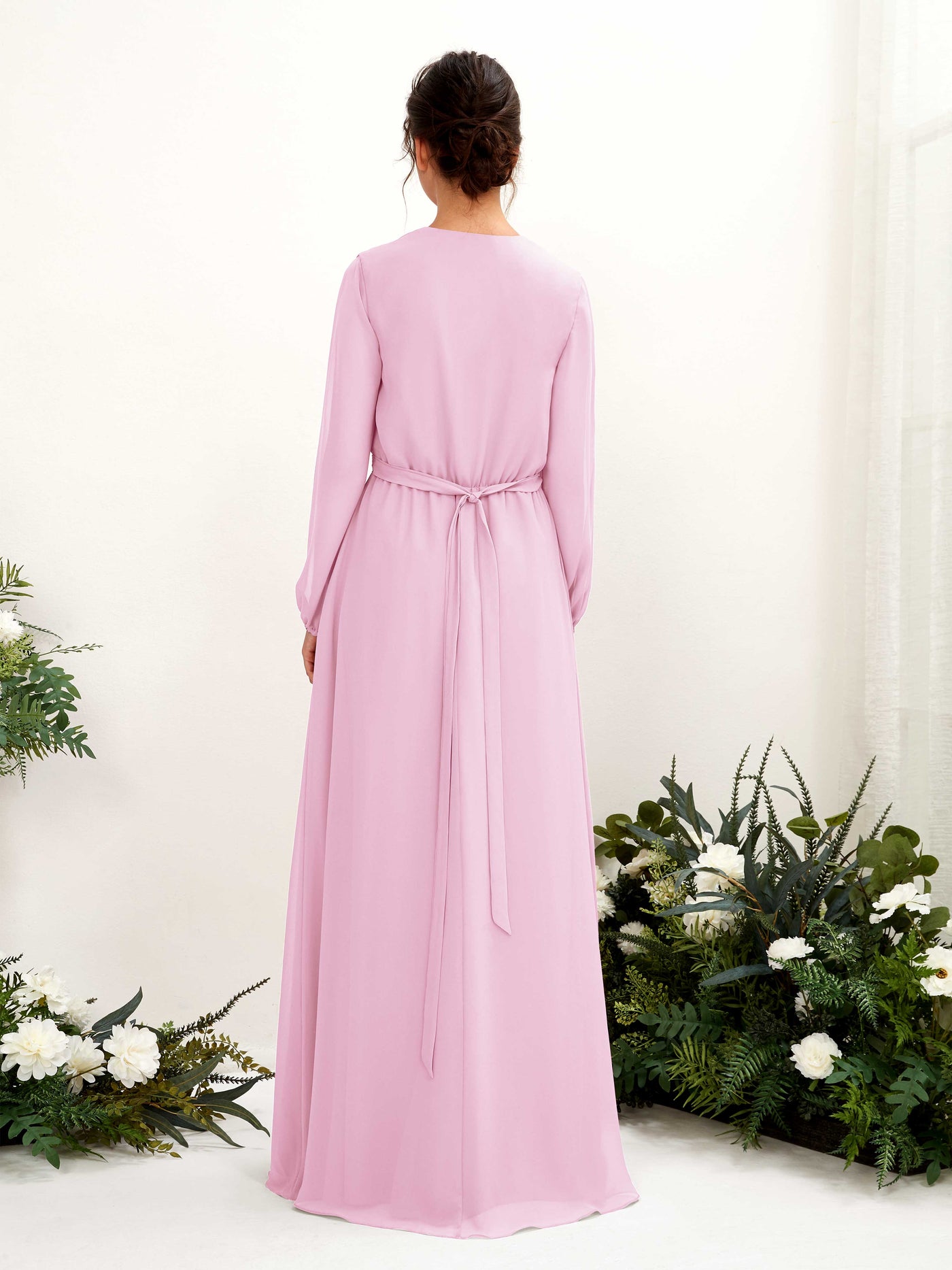 Carlyna A-Linien-Kleid V-Ausschnitt Langarm Bodenlang Brautjungfernkleid Bonbonrosa #farbe_bonbonrosa