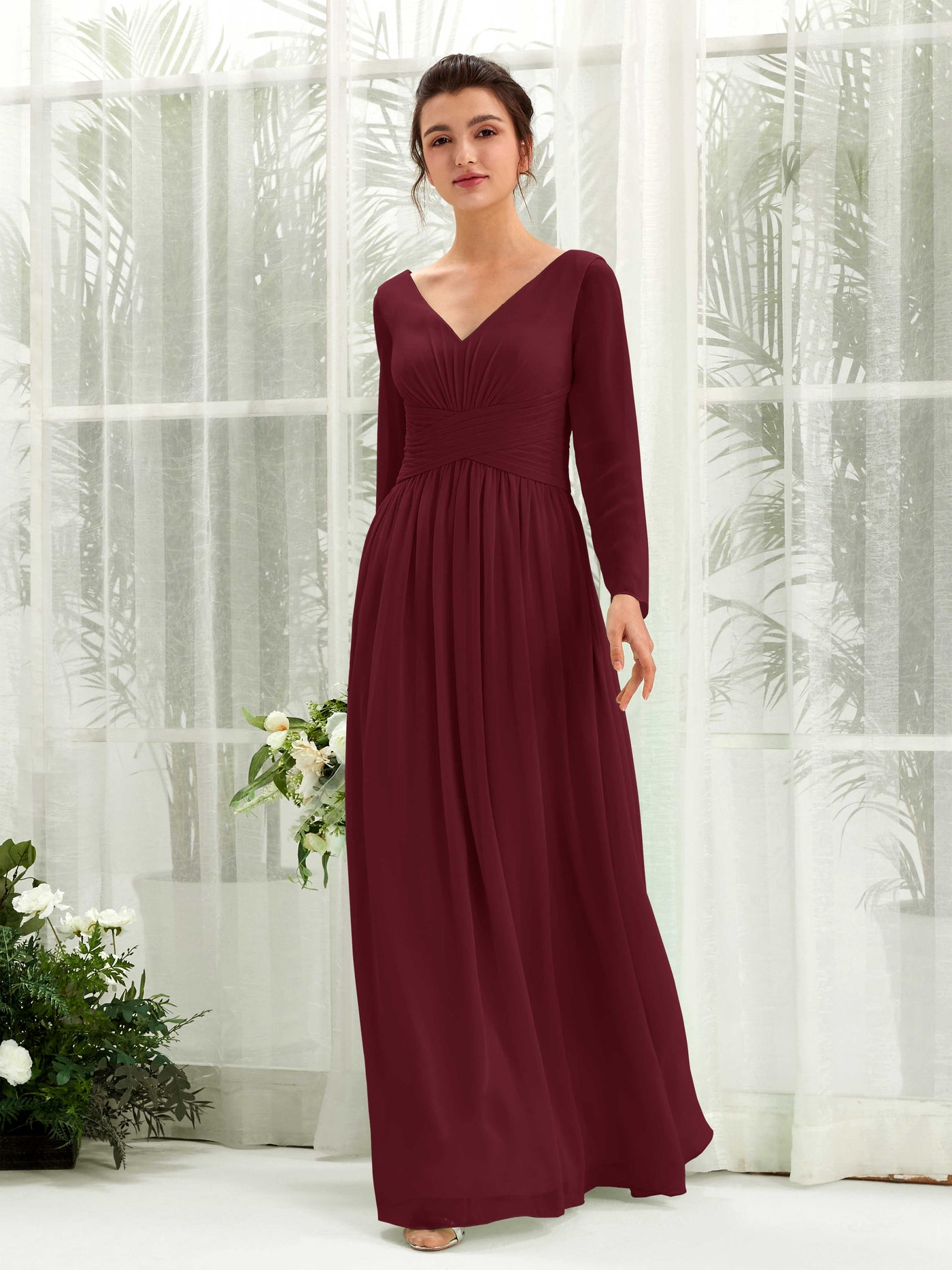Carlyna A-Linien-Kleid V-Ausschnitt Langarm bodenlang Brautjungfernkleid Burgunderrot #farbe_burgunderrot