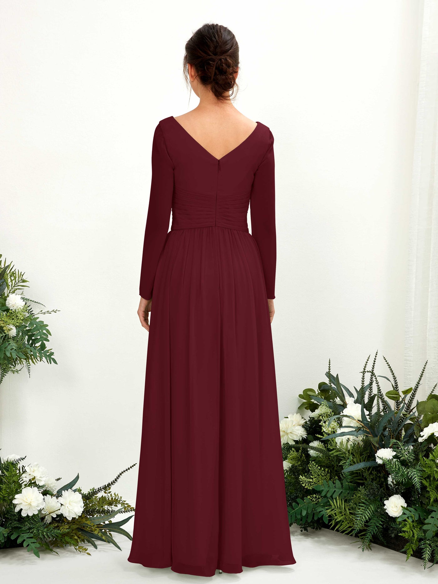 Carlyna A-Linien-Kleid V-Ausschnitt Langarm bodenlang Brautjungfernkleid Burgunderrot #farbe_burgunderrot