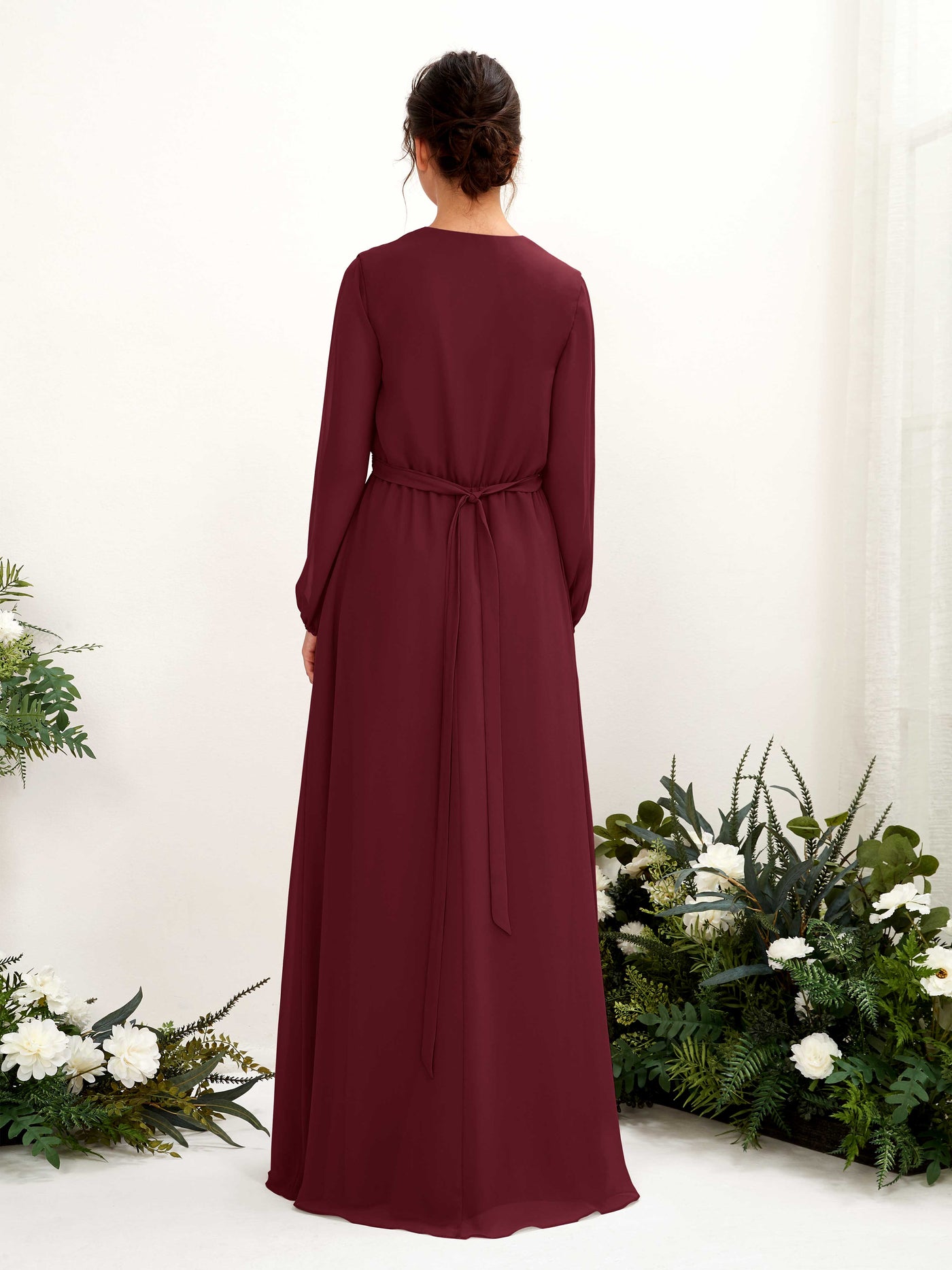 Carlyna A-Linien-Kleid V-Ausschnitt Langarm Bodenlang Brautjungfernkleid Burgunderrot #farbe_burgunderrot