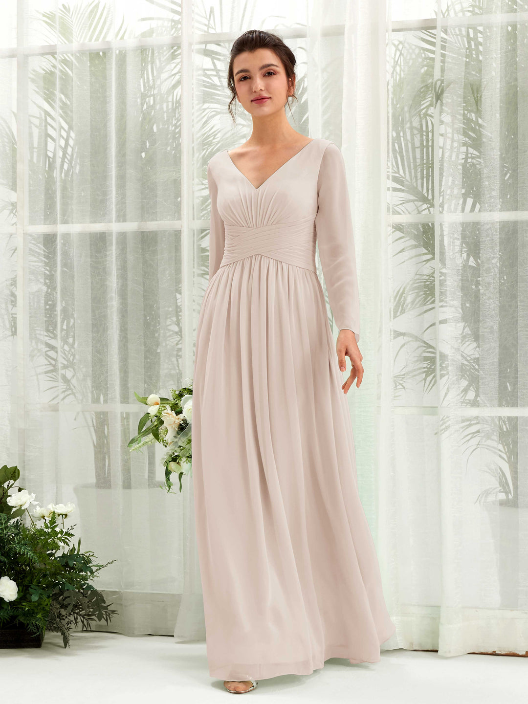 Carlyna A-Linien-Kleid V-Ausschnitt Langarm bodenlang Brautjungfernkleid Champagner 