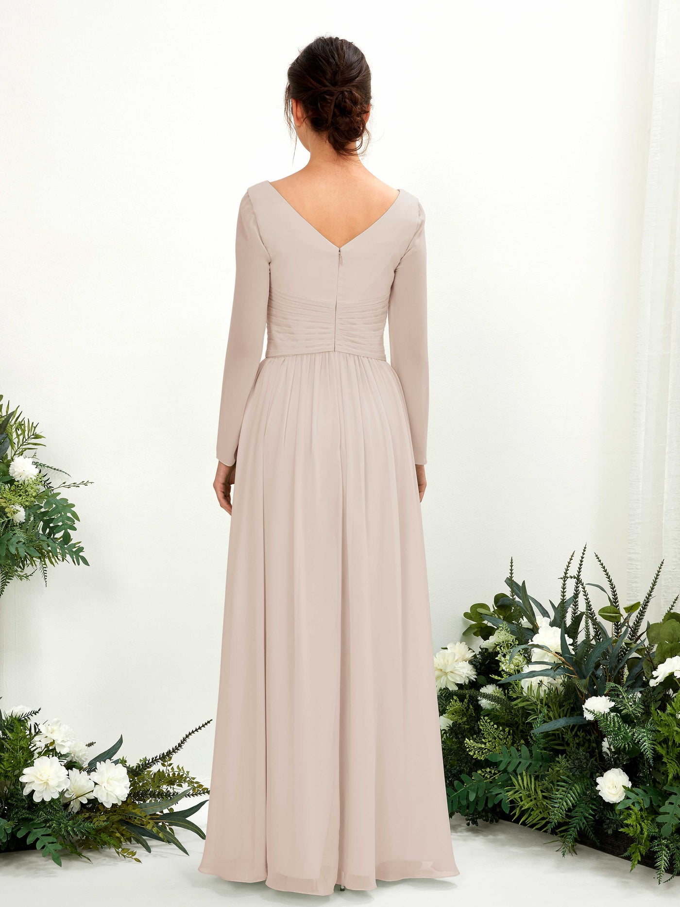 Carlyna A-Linien-Kleid V-Ausschnitt Langarm bodenlang Brautjungfernkleid Champagner #farbe_champagner