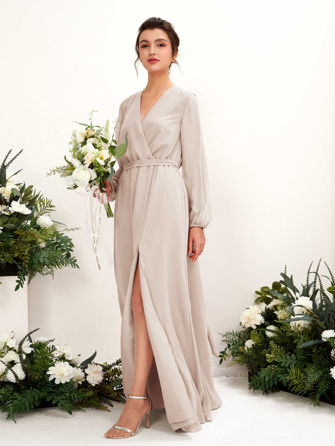 Carlyna A-Linien-Kleid V-Ausschnitt Langarm Bodenlang Brautjungfernkleid Champagner 