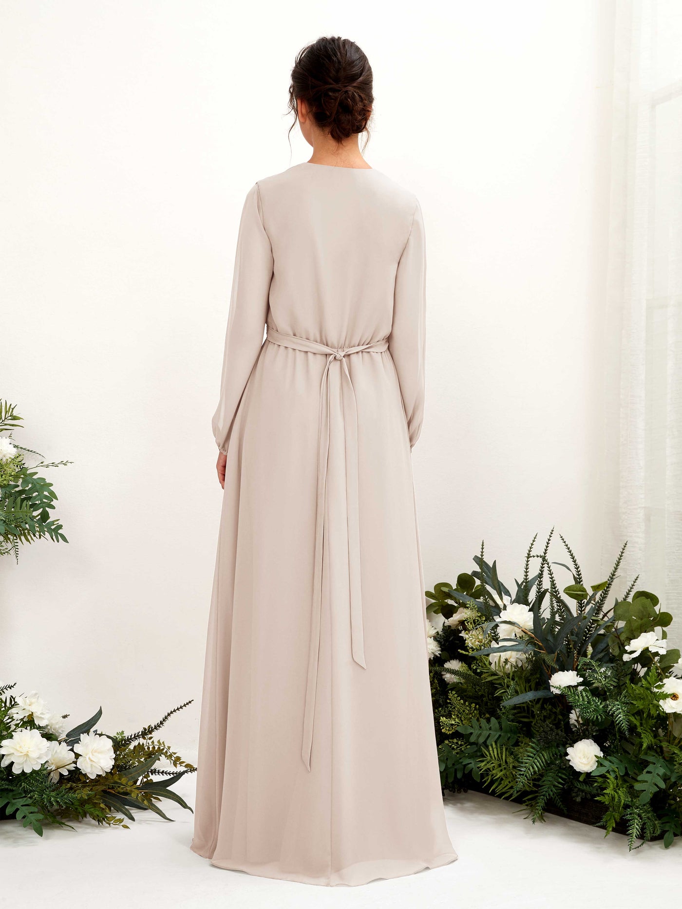 Carlyna A-Linien-Kleid V-Ausschnitt Langarm Bodenlang Brautjungfernkleid Champagner #farbe_champagner