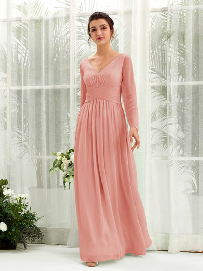 Carlyna A-Linien-Kleid V-Ausschnitt Langarm bodenlang Brautjungfernkleid Champagner-Rose #farbe_champagner-rose