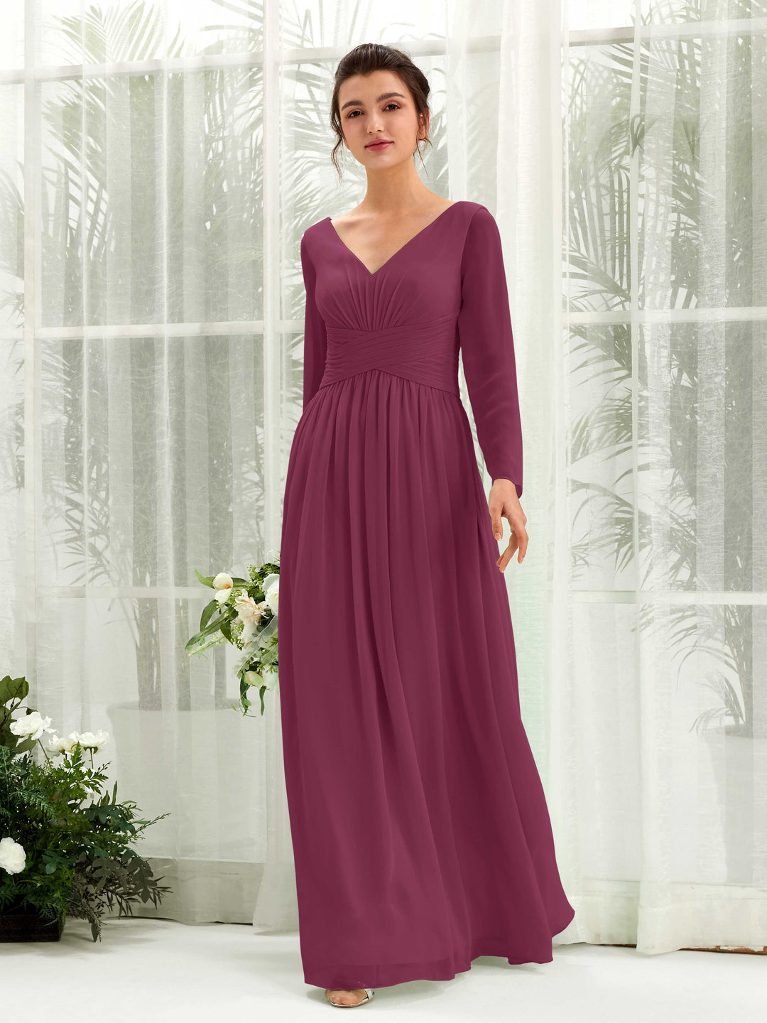 Carlyna A-Linien-Kleid V-Ausschnitt Langarm bodenlang Brautjungfernkleid Chianti 