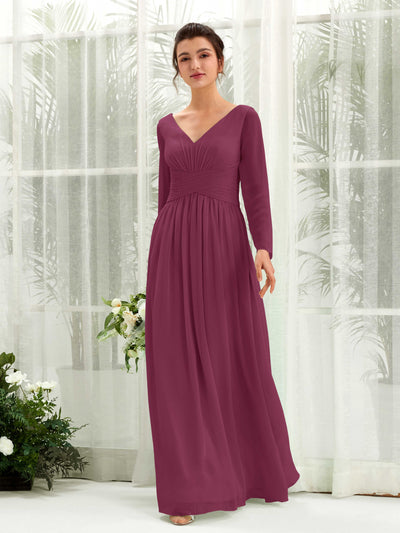 Carlyna A-Linien-Kleid V-Ausschnitt Langarm bodenlang Brautjungfernkleid Chianti #farbe_chianti