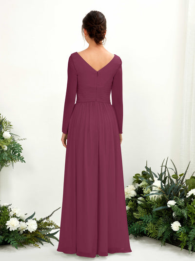 Carlyna A-Linien-Kleid V-Ausschnitt Langarm bodenlang Brautjungfernkleid Chianti #farbe_chianti