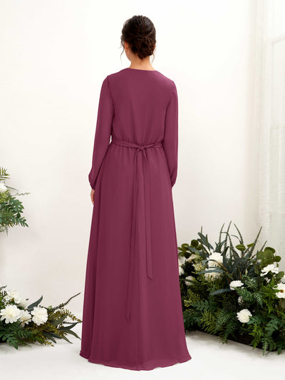 Carlyna A-Linien-Kleid V-Ausschnitt Langarm Bodenlang Brautjungfernkleid Chianti #farbe_chianti