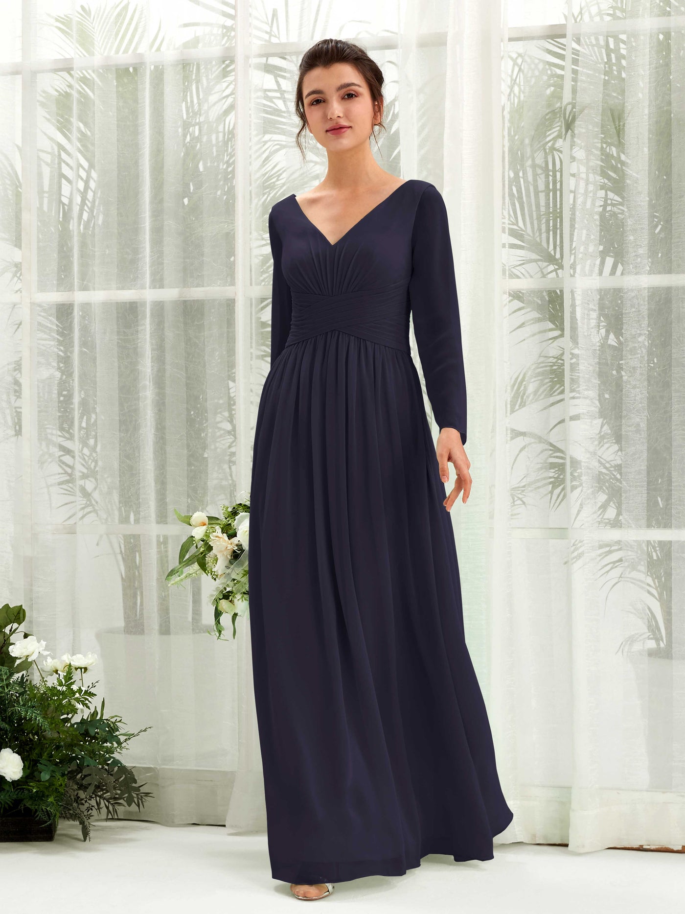 Carlyna A-Linien-Kleid V-Ausschnitt Langarm bodenlang Brautjungfernkleid Dunkel Marineblau #farbe_dunkel-marineblau