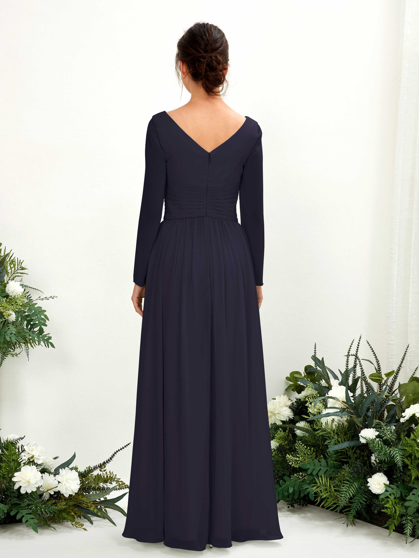 Carlyna A-Linien-Kleid V-Ausschnitt Langarm bodenlang Brautjungfernkleid Dunkel Marineblau #farbe_dunkel-marineblau