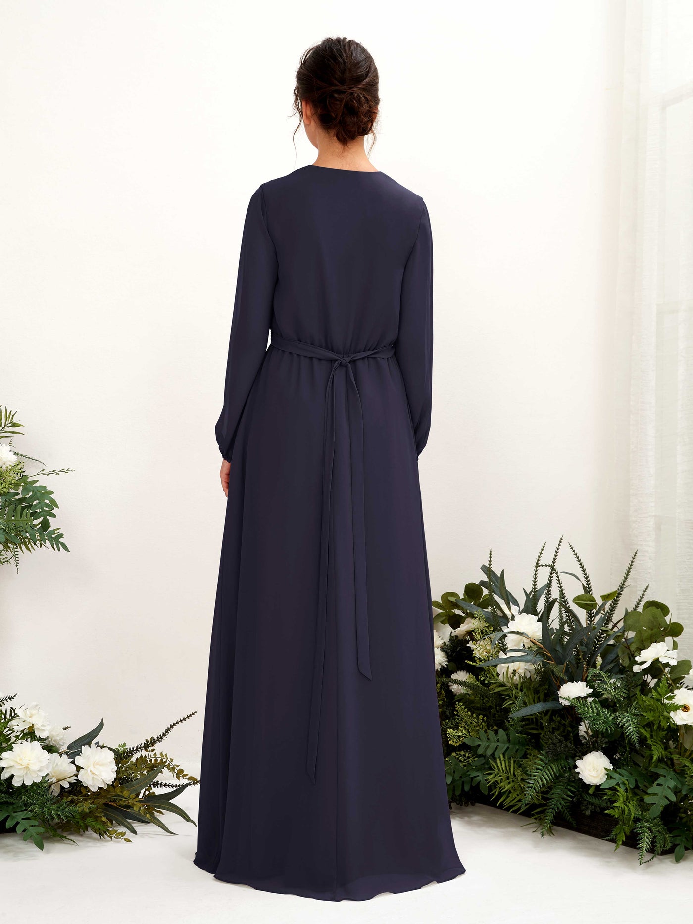 Carlyna A-Linien-Kleid V-Ausschnitt Langarm Bodenlang Brautjungfernkleid Dunkel Marineblau #farbe_dunkel-marineblau