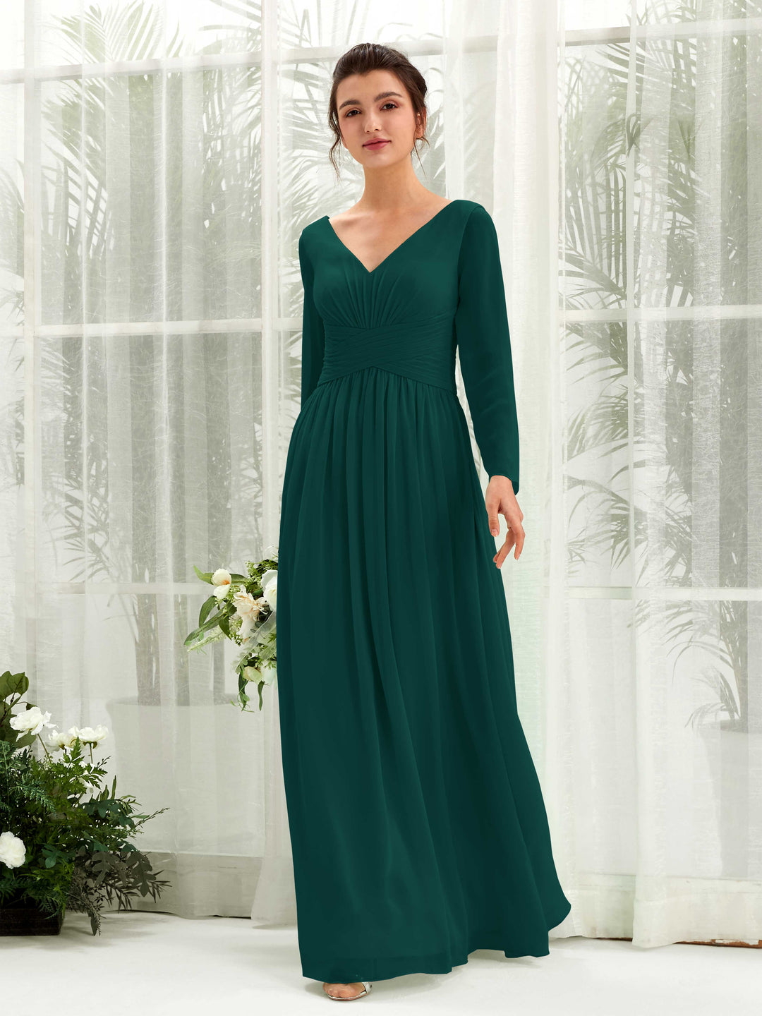 Carlyna A-Linien-Kleid V-Ausschnitt Langarm bodenlang Brautjungfernkleid Dunkelsmaragd 