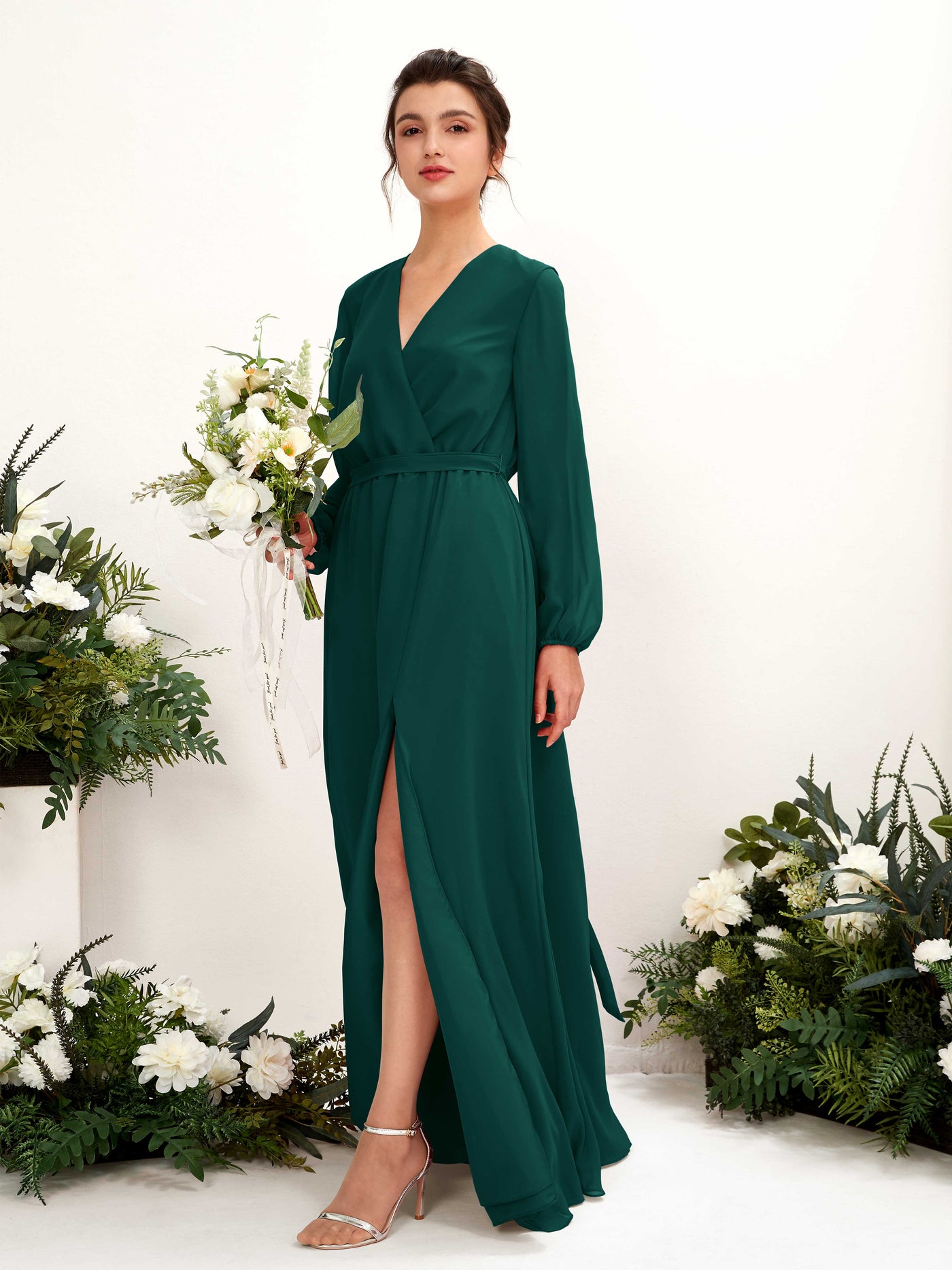 Carlyna A-Linien-Kleid V-Ausschnitt Langarm Bodenlang Brautjungfernkleid Dunkelsmaragd #farbe_dunkelsmaragd
