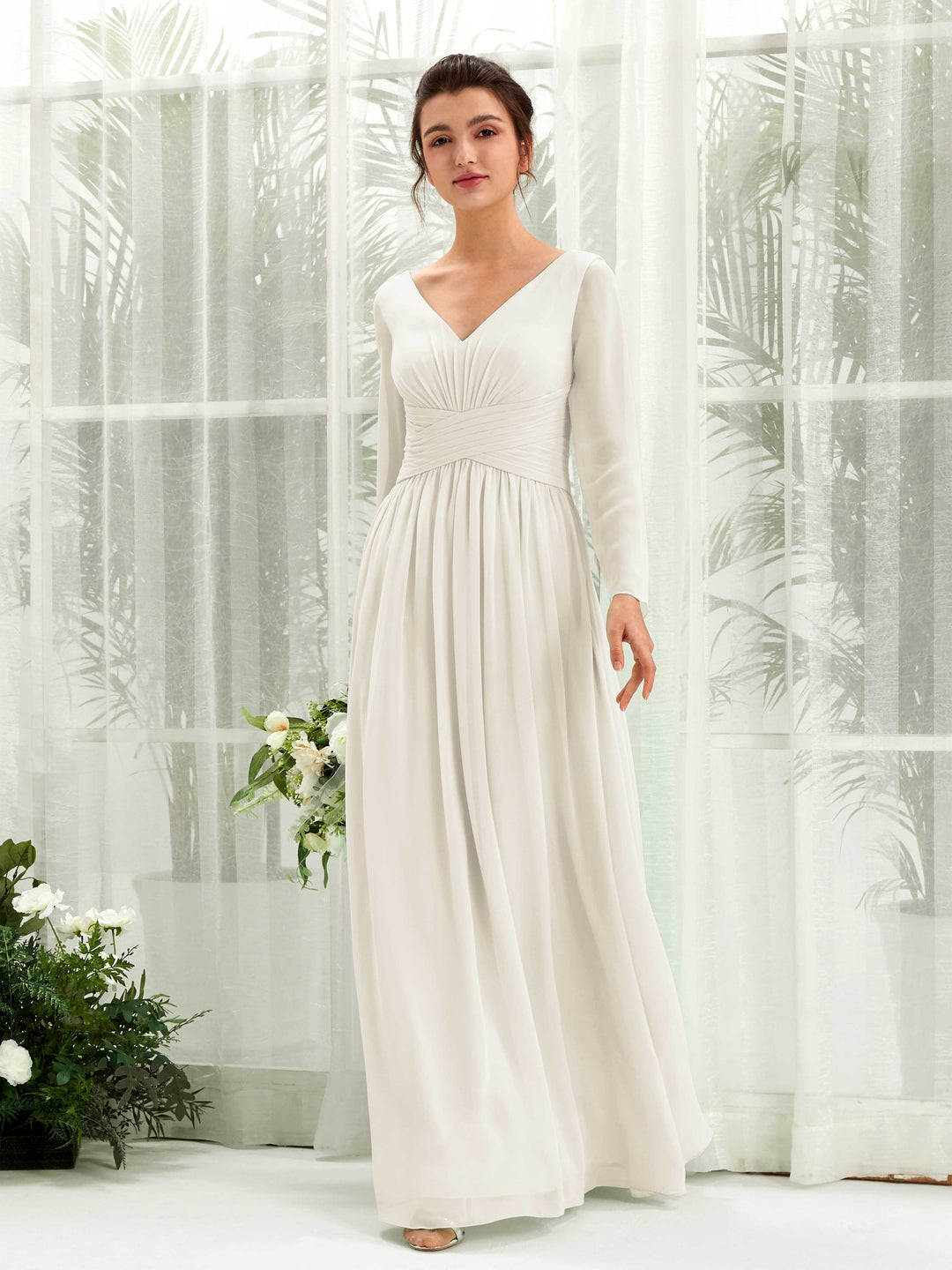 Carlyna A-Linien-Kleid V-Ausschnitt Langarm bodenlang Brautjungfernkleid Elfenbein 