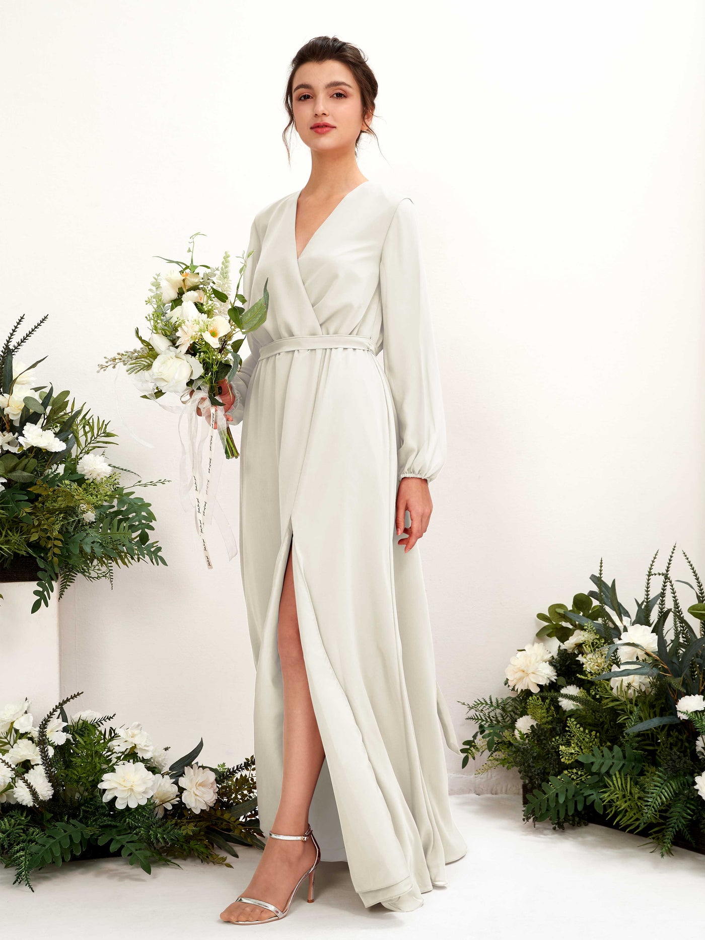 Carlyna A-Linien-Kleid V-Ausschnitt Langarm Bodenlang Brautjungfernkleid Elfenbein #farbe_elfenbein