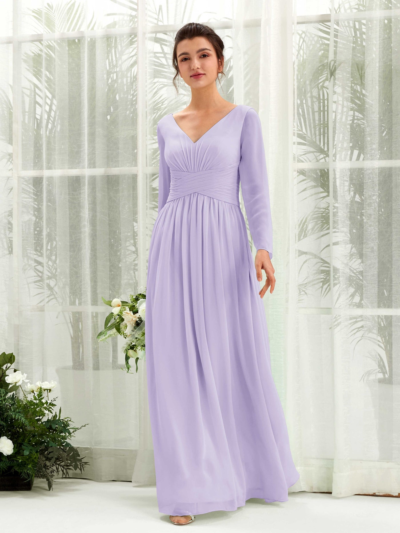 Carlyna A-Linien-Kleid V-Ausschnitt Langarm bodenlang Brautjungfernkleid Flieder #farbe_flieder