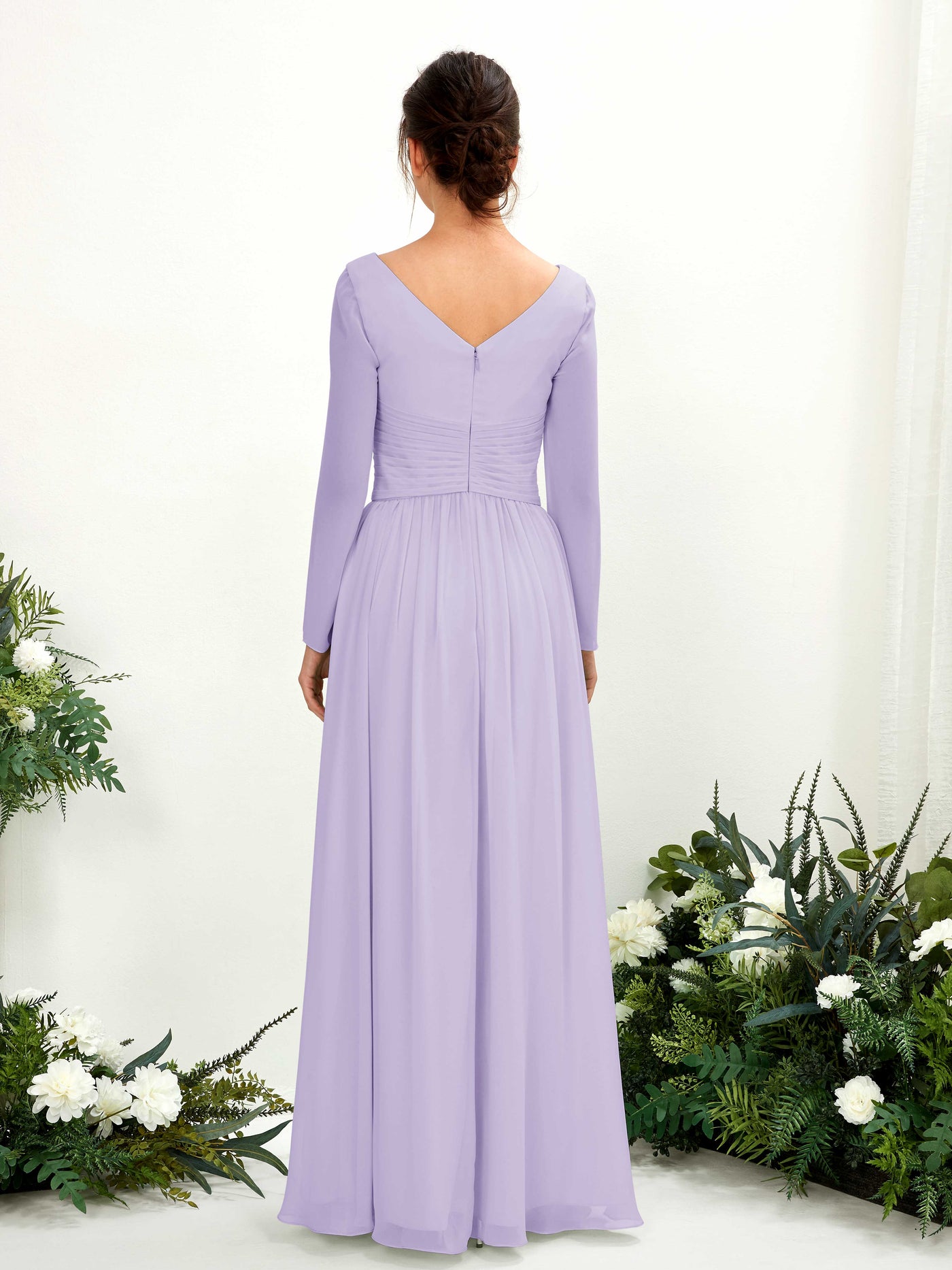 Carlyna A-Linien-Kleid V-Ausschnitt Langarm bodenlang Brautjungfernkleid Flieder #farbe_flieder