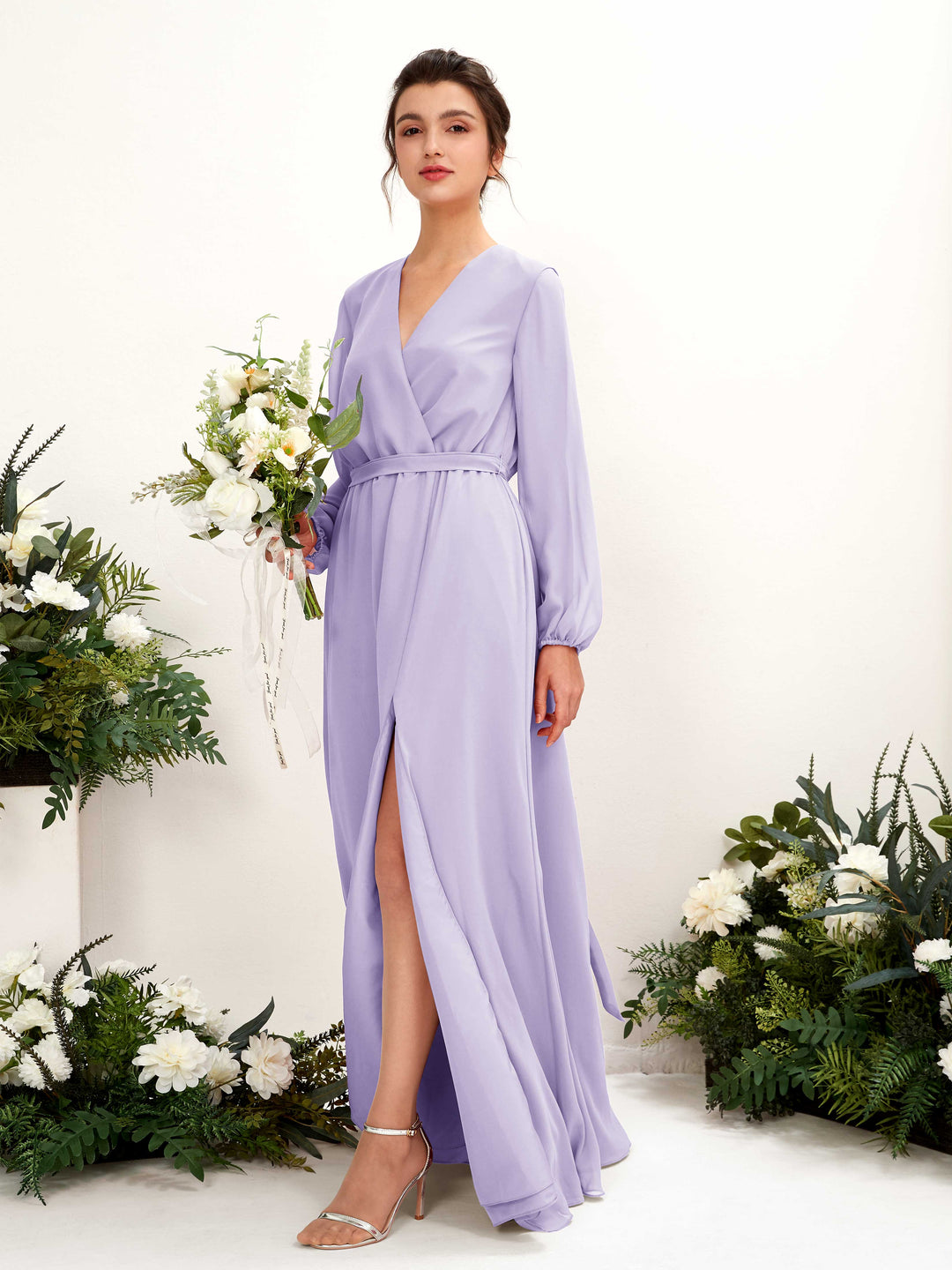 Carlyna A-Linien-Kleid V-Ausschnitt Langarm Bodenlang Brautjungfernkleid Flieder 