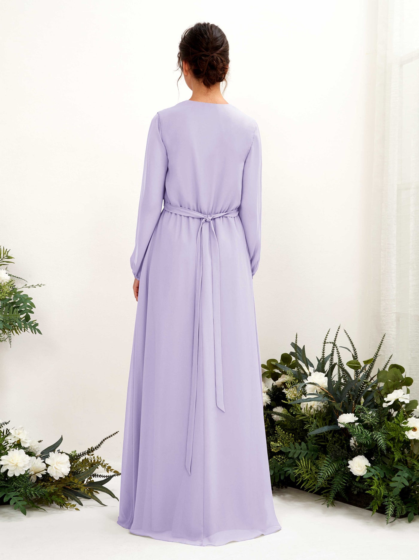 Carlyna A-Linien-Kleid V-Ausschnitt Langarm Bodenlang Brautjungfernkleid Flieder #farbe_flieder