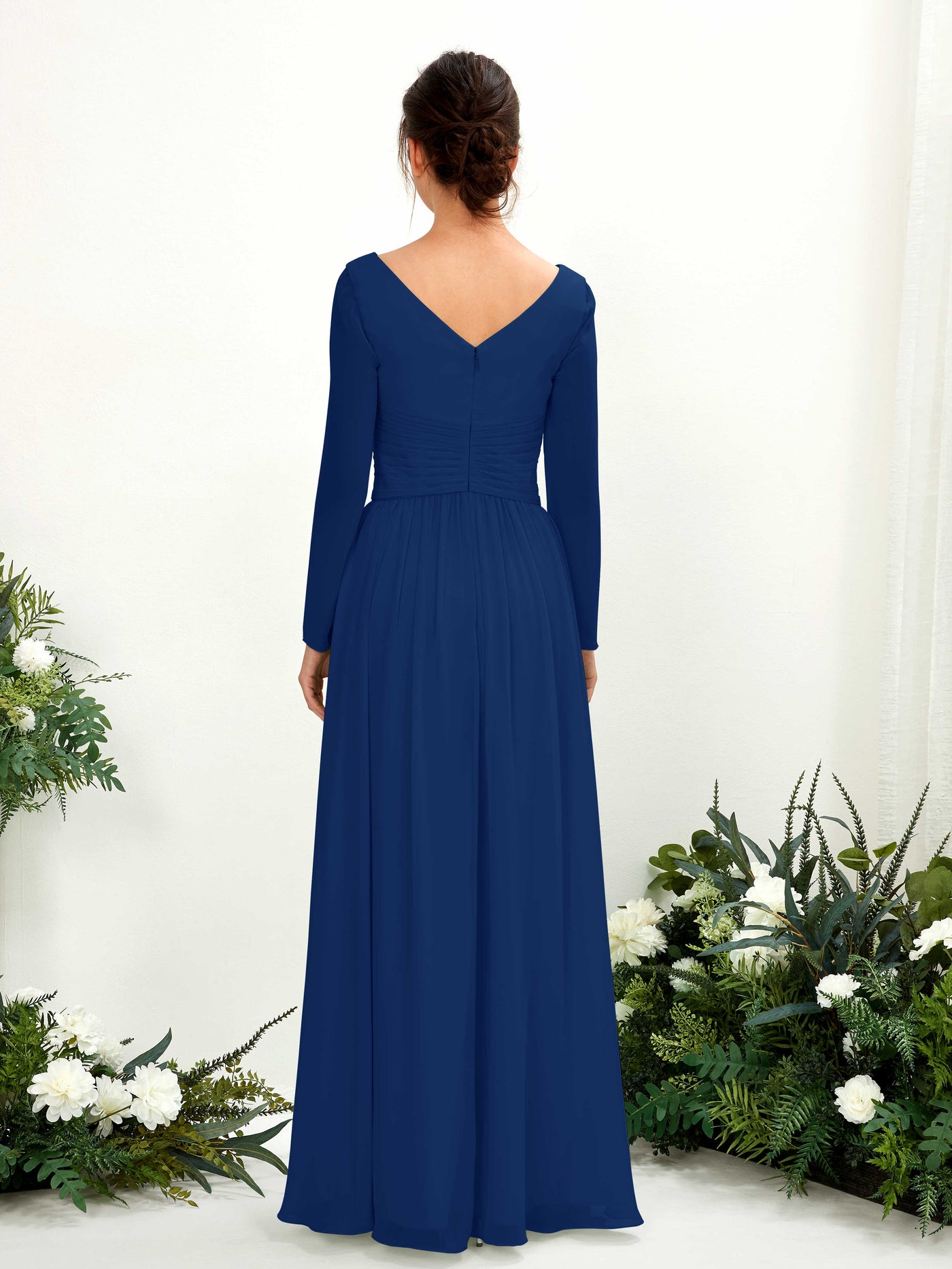 Carlyna A-Linien-Kleid V-Ausschnitt Langarm bodenlang Brautjungfernkleid Königsblau #farbe_k-nigsblau