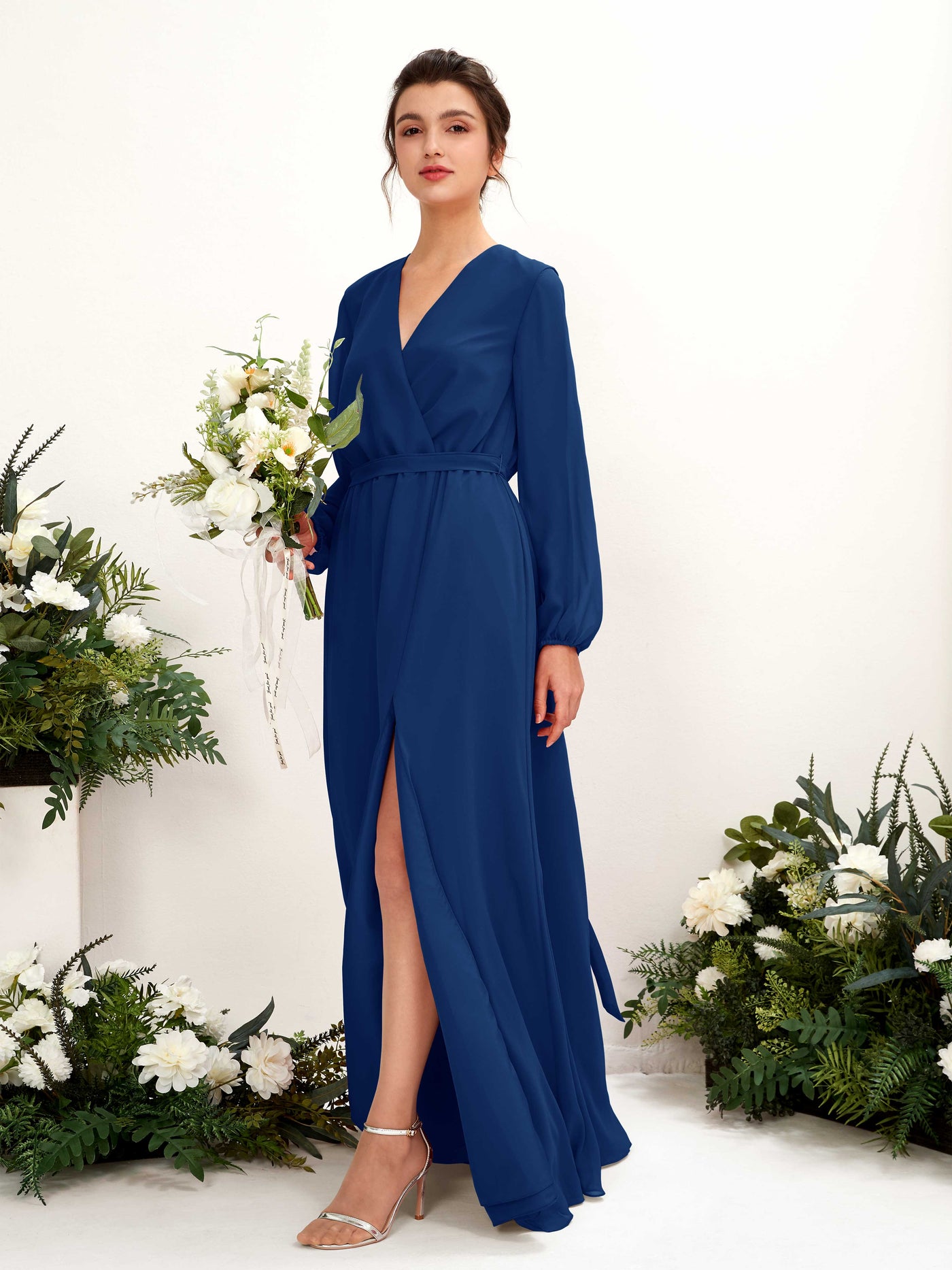Carlyna A-Linien-Kleid V-Ausschnitt Langarm Bodenlang Brautjungfernkleid Königsblau #farbe_k-nigsblau