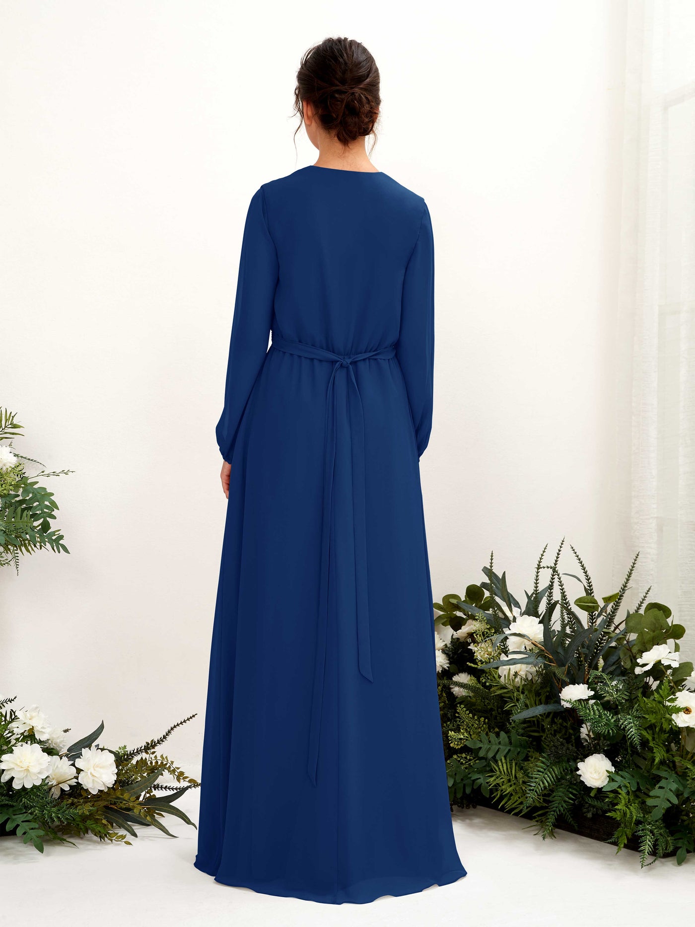Carlyna A-Linien-Kleid V-Ausschnitt Langarm Bodenlang Brautjungfernkleid Königsblau #farbe_k-nigsblau