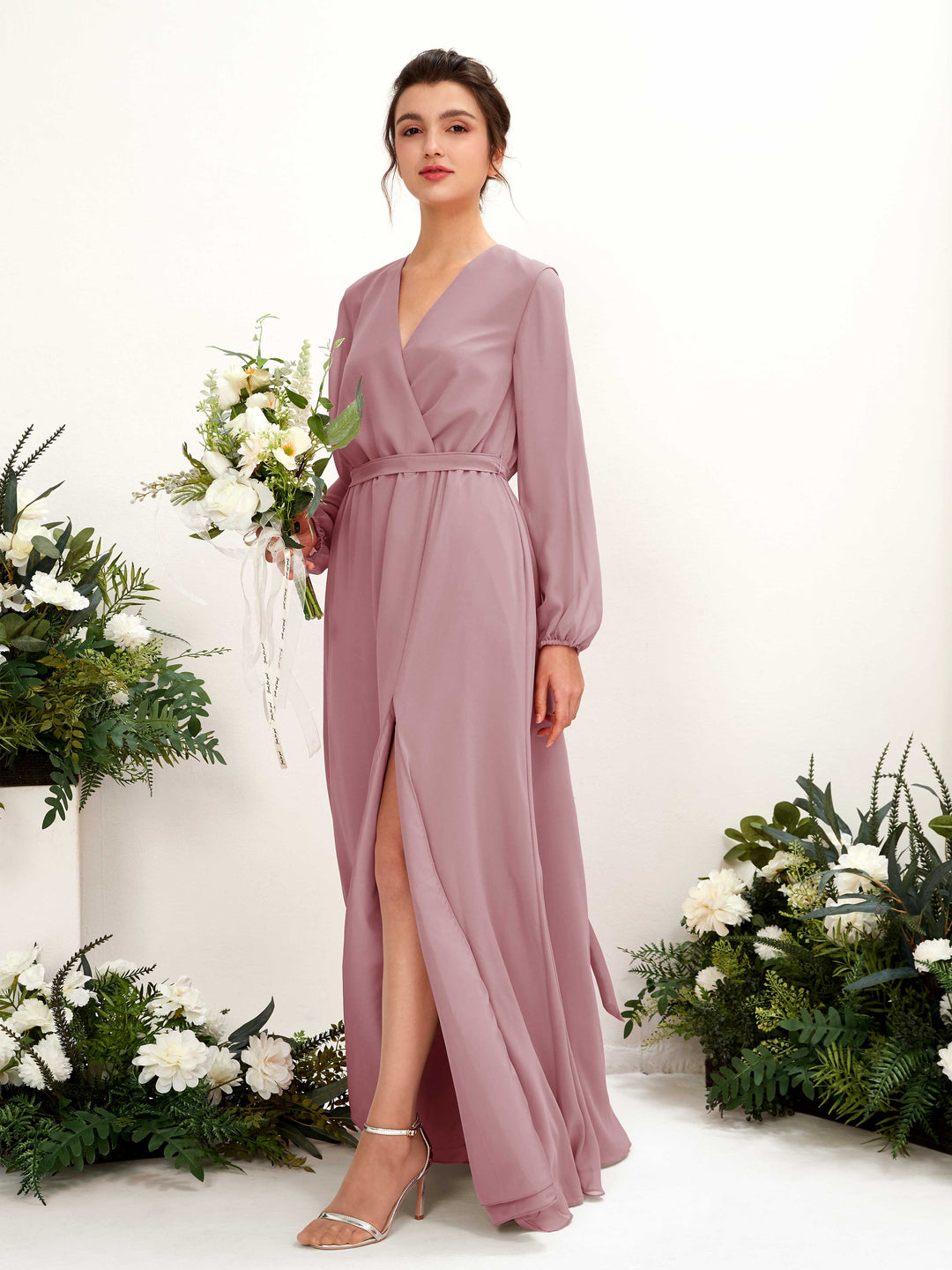 Carlyna A-Linien-Kleid V-Ausschnitt Langarm Bodenlang Brautjungfernkleid Klassisch Mauve 