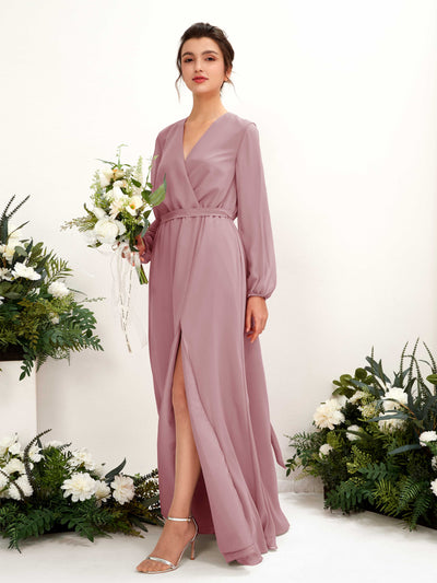 Carlyna A-Linien-Kleid V-Ausschnitt Langarm Bodenlang Brautjungfernkleid Klassisch Mauve #farbe_klassisch-mauve